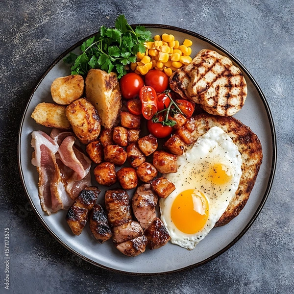 Obraz Full breakfast plate with fried egg, bacon, sausage, tomato and toast.