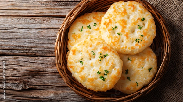 Obraz Pile of griddle scones with parsley in wicker basket on wooden table