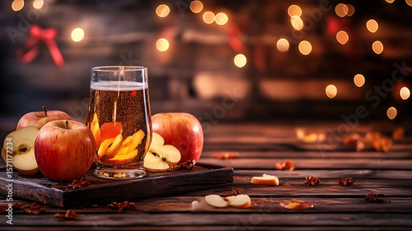 Obraz Sparkling apple cider with apples and cinnamon on rustic wooden surface, with bokeh lights background