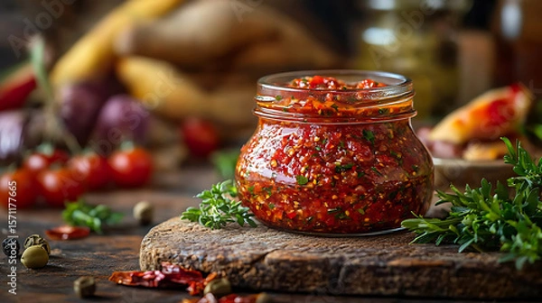 Obraz Ajvar relish in a glass jar on a wooden board with herbs and vegetables