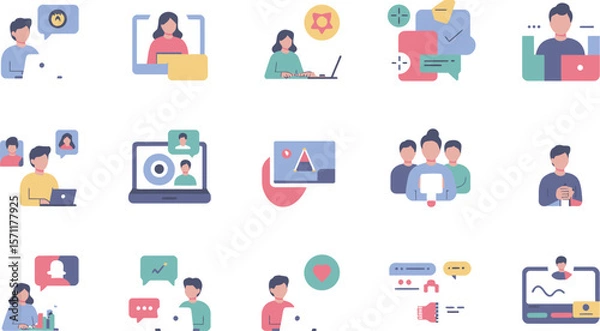 Fototapeta Diverse icons showcase online teamwork and communication
