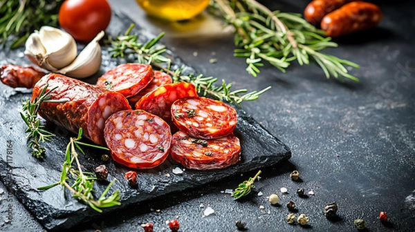 Obraz Sliced chorizo sausage with garlic and rosemary on dark slate background