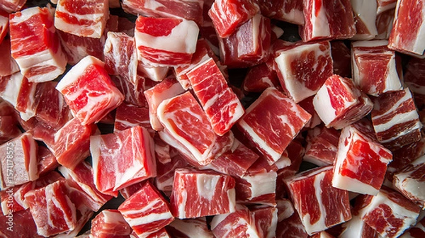 Obraz Pile of diced raw pork belly with marbling on a dark surface