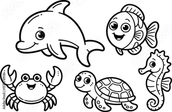 Obraz Cute cartoon black and white outline drawing of sea creatures for coloring