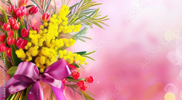 Fototapeta Beautiful greeting bouquet of red tulips and yellow mimosa, tied with a bow, on a pink background