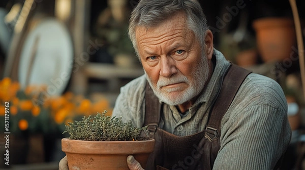 Fototapeta Senior Man Tending to Plants in a Garden