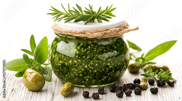 Obraz Green pesto in a jar with rosemary, sage, olives and peppercorns on a white wood surface