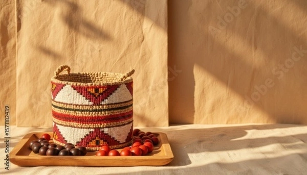 Fototapeta Woven basket with colorful beads displayed on a wooden tray against a textured background