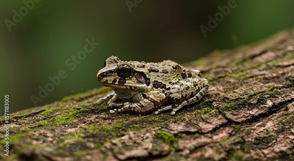 Fototapeta Camouflaged Tree Frog Resting on Textured Bark Branch in Lush Forest Habitat