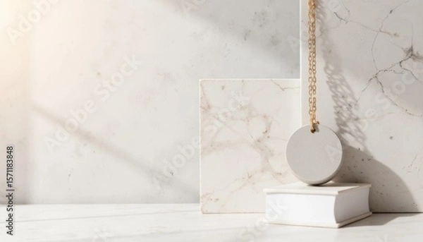Fototapeta Elegant marble surface featuring decorative elements with warm sunlight creating a serene atmosphere