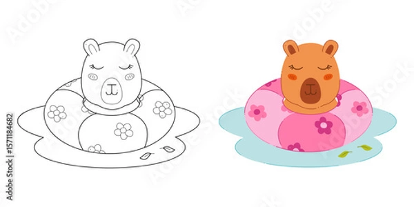 Fototapeta Two cute capybaras with a swimming ring in the water. Clip art for your projects.