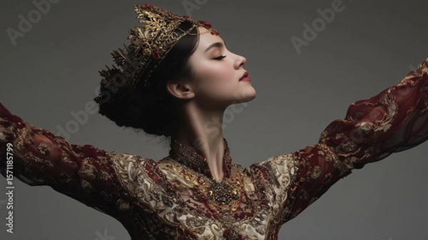 Fototapeta a close up of a person wearing a costume and jewelry on a black background with a black background behind it