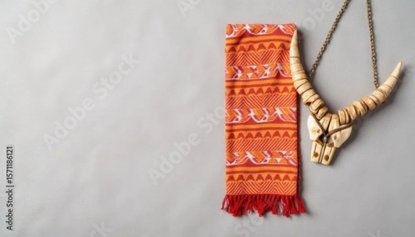 Fototapeta Handwoven textile and decorative horn skull on neutral background showcasing craftsmanship and culture
