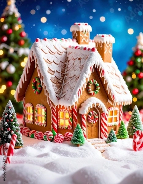 Fototapeta Generated image: Gingerbread House with Snow and Christmas Trees