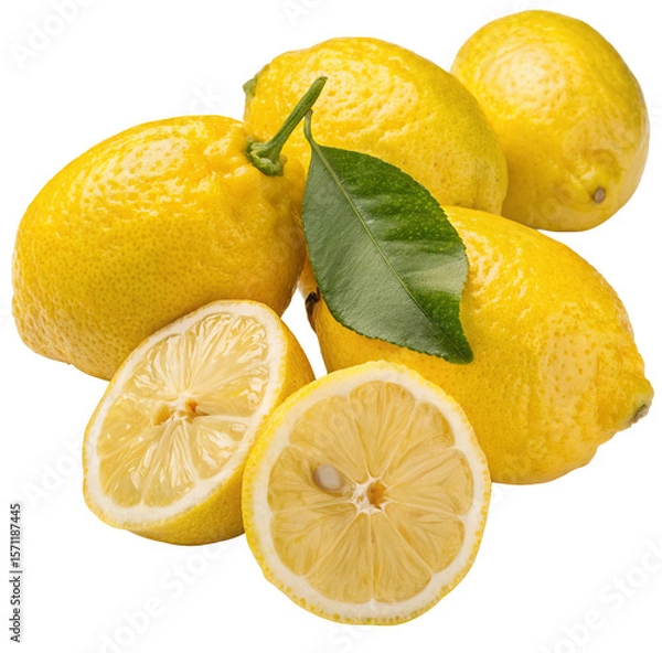 Fototapeta Fresh ripe lemons with green leaf and juicy slices on black background for citrus lovers