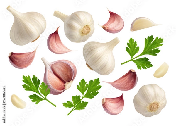 Fototapeta Garlic cloves and parsley sprigs arranged on a white background in an artistic decorative pattern