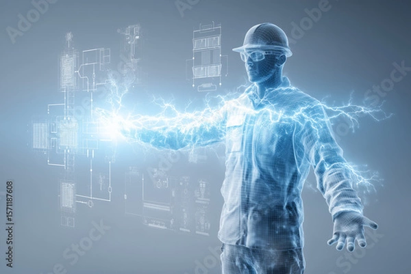 Fototapeta Engineer interacting with holographic power flow simulation, surrounded by floating voltage vectors 