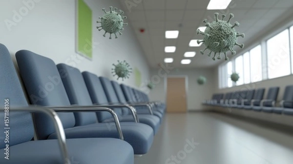 Fototapeta Pathogen particles floating in clean medical facility hallway, focus on virus transmission risk