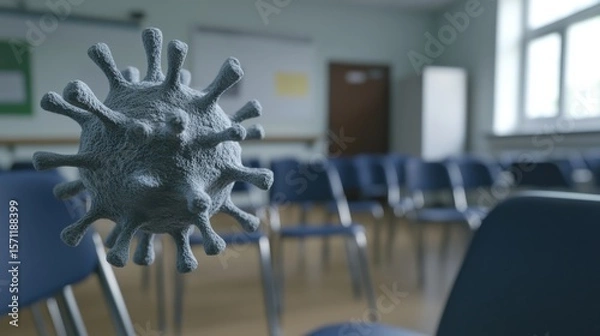 Fototapeta Contamination risk in indoor classroom setting with floating biological particles and empty seats