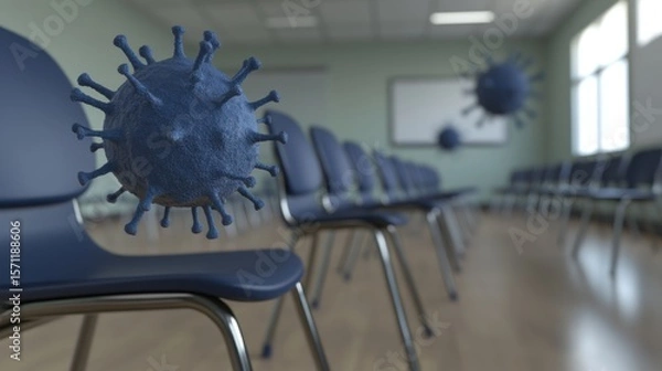 Fototapeta Microscopic airborne particles suspended over empty school chairs in a closed environment