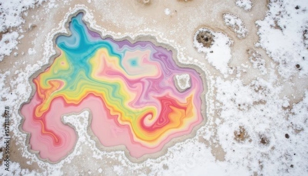 Fototapeta Unique colorful patterns emerge on the frozen surface of a geothermal hot spring during winter