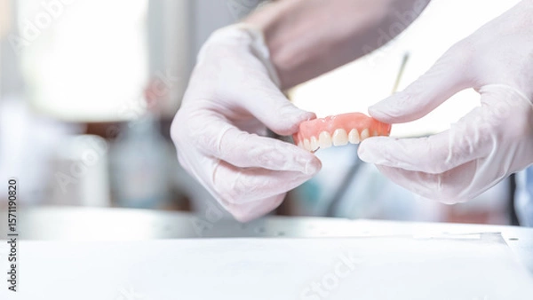Fototapeta Upper denture held between both gloved hands in dental clinic  
