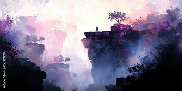 Obraz A lone figure stands atop a cliff surrounded by misty, ethereal landscapes and vibrant purples, evoking a sense of mystery and solitude.