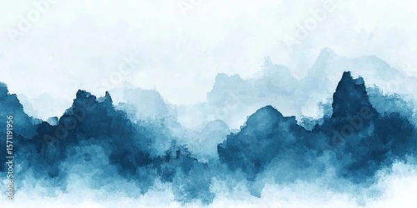 Obraz Abstract blue watercolor painting depicting layered mountain silhouettes fading into a misty sky.