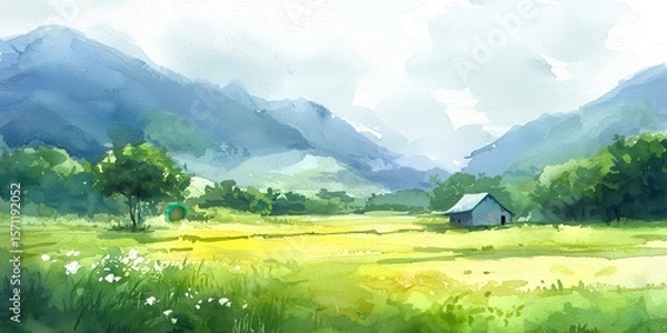 Obraz A serene watercolor painting of a countryside landscape featuring mountains, trees, a small house, and lush green fields under a cloudy sky.