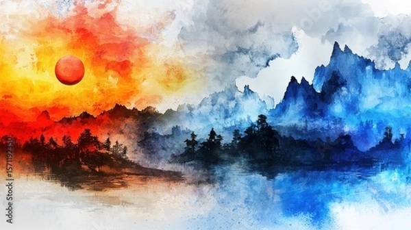 Obraz A vivid digital painting depicting a fiery red sun setting over a dark forest with contrasting icy blue mountains reflected in a calm body of water.