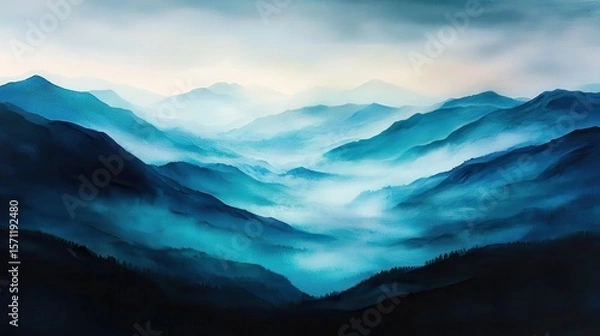 Obraz Misty blue mountain ranges fade into the distance under a soft, cloudy sky, creating a serene and tranquil landscape scene.