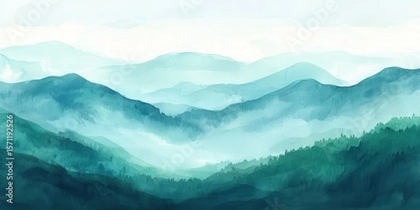 Obraz A serene watercolor painting of misty mountain ranges layered in various shades of blue and green, evoking tranquility and natural beauty.