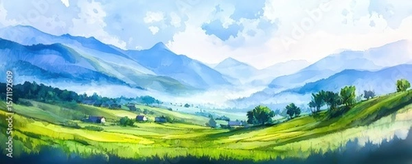Obraz A serene watercolor landscape featuring rolling green hills, scattered trees, and distant blue mountains under a partly cloudy sky.