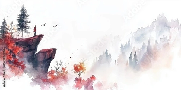 Obraz A lone figure stands on a rocky cliff overlooking a misty mountain range, surrounded by autumnal trees and birds in a serene watercolor landscape.