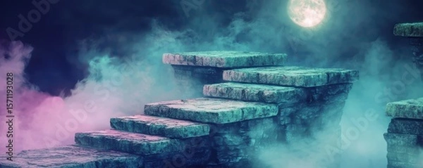 Obraz Stone steps ascend into a misty, ethereal night with a glowing full moon in the background, creating a mysterious and surreal atmosphere.