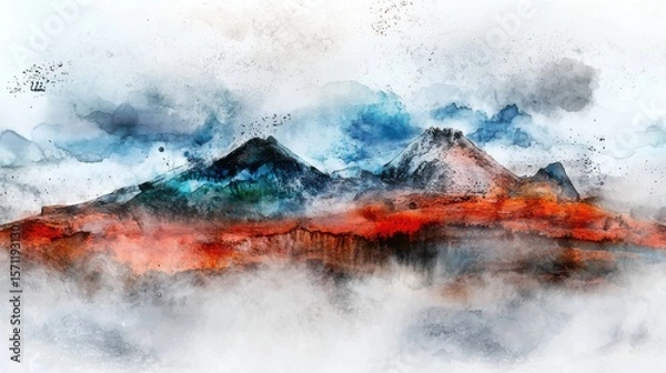 Obraz A misty mountain landscape with vibrant red and blue hues blending in a watercolor style, creating a dreamy and atmospheric scene.
