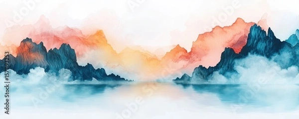 Obraz A serene watercolor landscape depicting misty mountains in blue and orange hues reflecting over calm water.