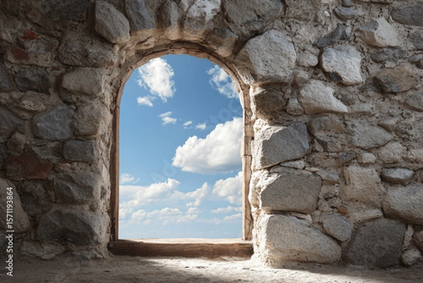 Fototapeta a window in a stone wall with a sky in the background
