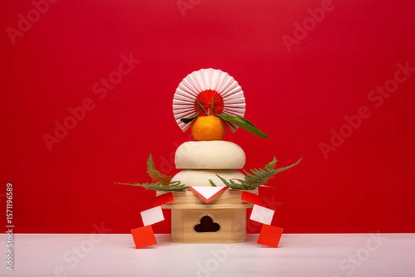 Fototapeta “鏡餅“(本物のお餅)を中央に配置した写真　赤背景　低い三宝(台座)あり