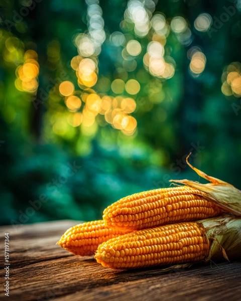 Fototapeta Fresh corn on a rustic wooden table with a vibrant, bokeh forest background