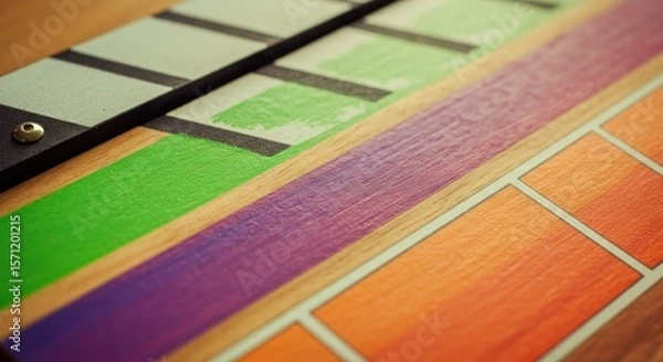 Obraz Close-up of colored wooden clapperboard.  Multi-colored painted sections on a wooden surface.  Stripes, squares, and a green band are visible.  Studio still life