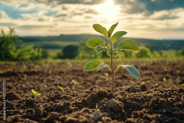 Fototapeta A young plant thrives in expansive fields, symbolizing hope, renewal, and the beauty of nature.