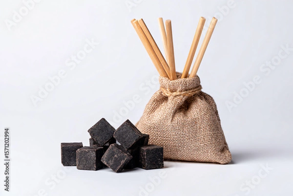 Fototapeta a bag of charcoal sticks and some black cubes
