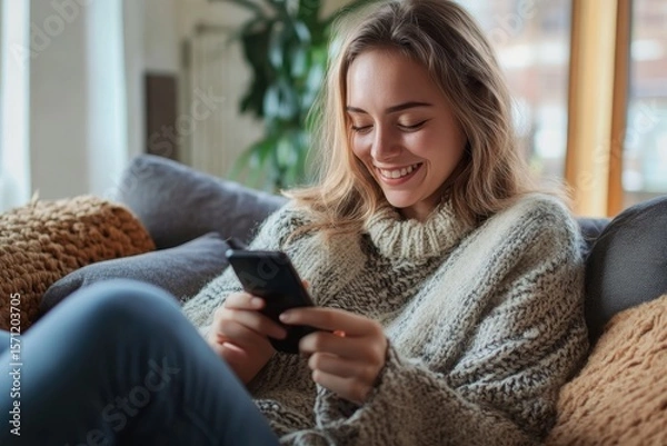 Fototapeta Joyful young woman enjoying leisure time at home while using her smartphone for relaxation