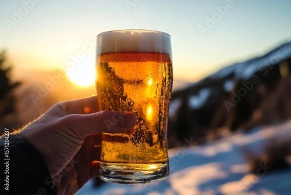 Fototapeta A refreshing glass of beer held up against a scenic mountain and sunlit background