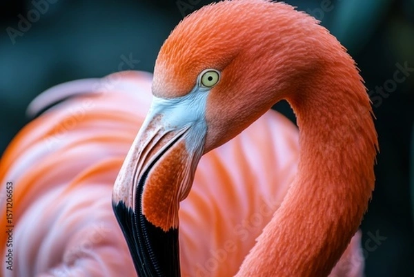 Fototapeta Detailed close up of a pink flamingo bird showcasing its elegant features and vibrant colors