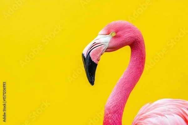 Fototapeta Vibrant pink flamingo set against a bright yellow background for a striking visual contrast