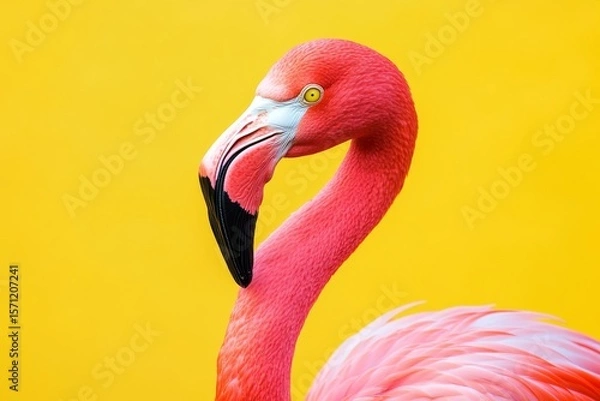 Fototapeta Vibrant pink flamingo set against a bright yellow background for a bold visual contrast