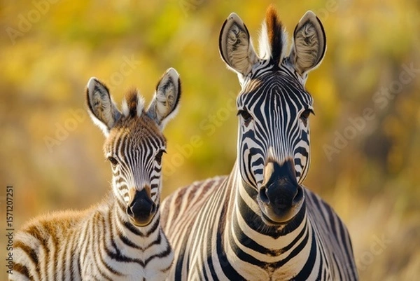 Fototapeta A plains zebra and its foal pose gracefully for the camera in their natural habitat