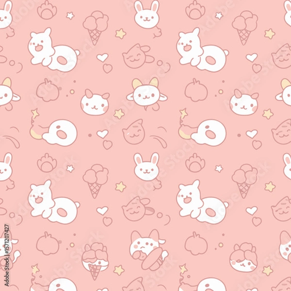 Fototapeta Charming Kawaii pattern featuring cute cartoon animals like bunnies and cats, interspersed with ice cream cones and hearts on a soft pink background.